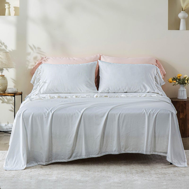 Simple&Opulence 100% Organic Cotton Sheet Set, Long Ruffle Bed Sheets (1 Flat Sheet, 1 Fitted Sheet and 2 Pillowcases) Elegant Shabby Chic Bedding Farmhouse Charming Vintage - White, Queen - Image 2