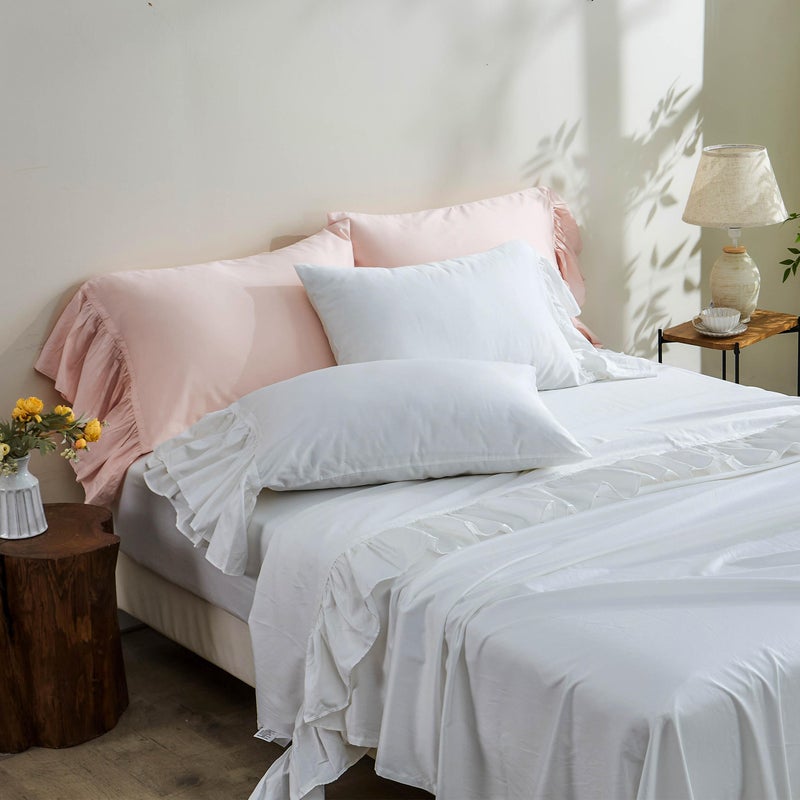 Simple&Opulence 100% Organic Cotton Sheet Set, Long Ruffle Bed Sheets (1 Flat Sheet, 1 Fitted Sheet and 2 Pillowcases) Elegant Shabby Chic Bedding Farmhouse Charming Vintage - White, Queen - Image 3