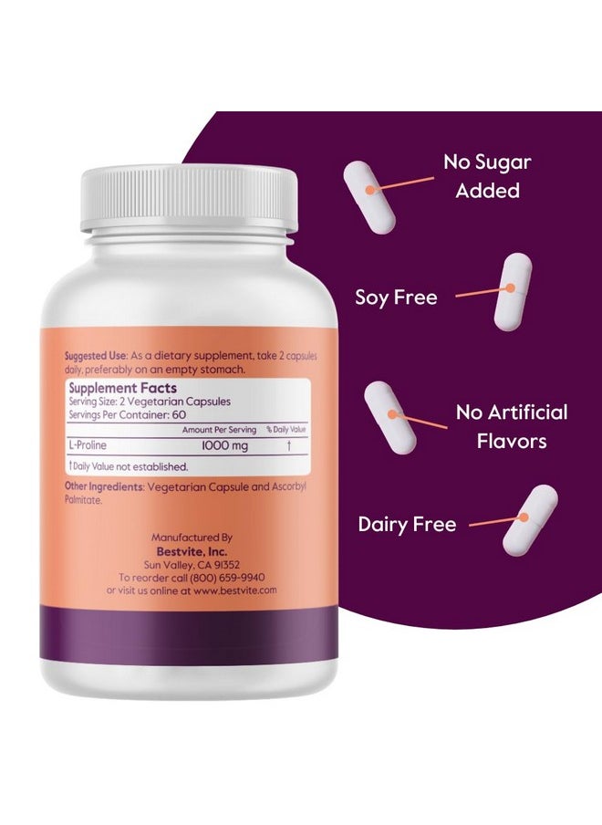 BESTVITE - BESTVITE L-Proline 500mg (240 Vegetarian Capsules) (120 x 2) - No Stearates - No Fillers - Vegan - Gluten Free - Non GMO - Image 1
