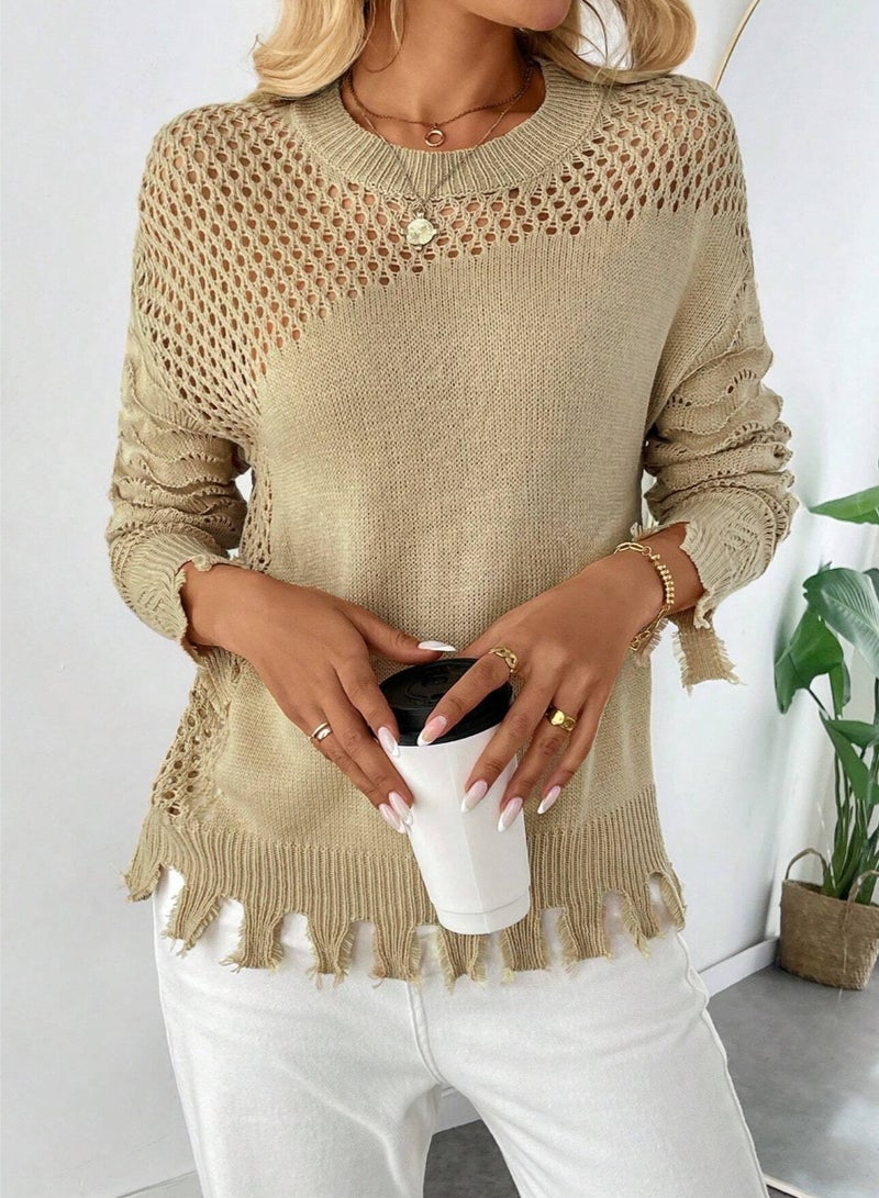 SHEINChiquease Casual Loose Hollow-Out Knitted Sweater Top For Women, Spring Summer Fall Winter Outfit - Image 3