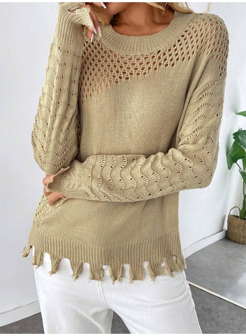 SHEINChiquease Casual Loose Hollow-Out Knitted Sweater Top For Women, Spring Summer Fall Winter Outfit - Image 2
