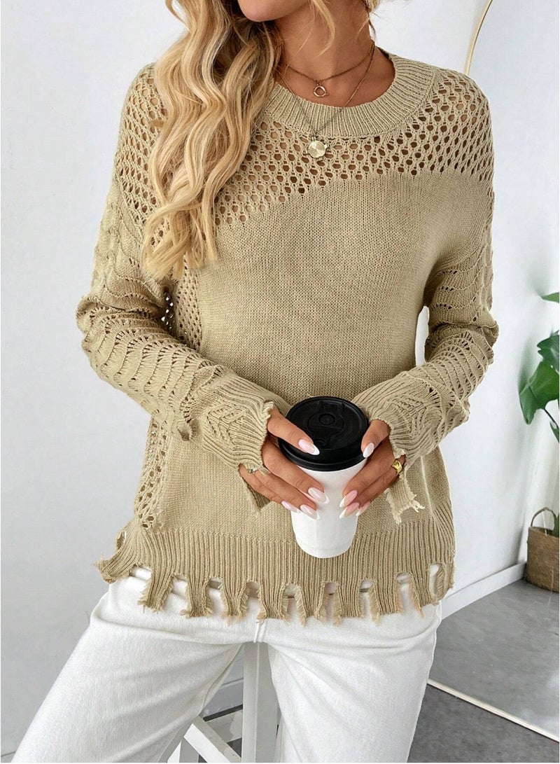 SHEINChiquease Casual Loose Hollow-Out Knitted Sweater Top For Women, Spring Summer Fall Winter Outfit - Image 1