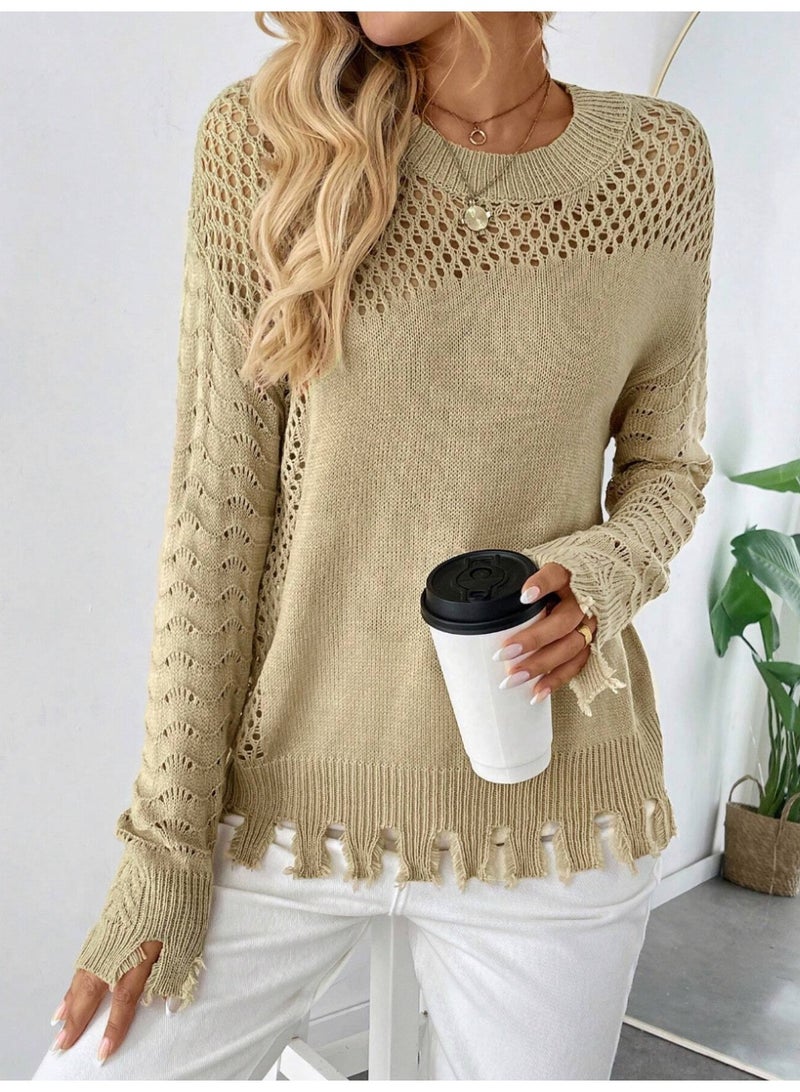 SHEINChiquease Casual Loose Hollow-Out Knitted Sweater Top For Women, Spring Summer Fall Winter Outfit - Image 5