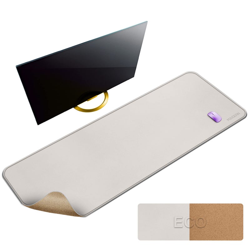 MAIDERN 55 x 24 Cork Leather Desk Pad Large XXL Mat Full Mouse Pad Dual Sided Protector for Gaming Home Office Cream