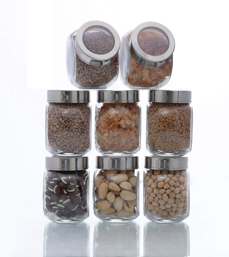 Brezzycloud 8 Pcs Spice And Honey Storage Jar Set - Spice Storage Glass Jar With Rust Proof Air Tight Stainless Steel Lid - Glass Jar For Gift (Set Of 8, 200Ml), Transparent - Image 1