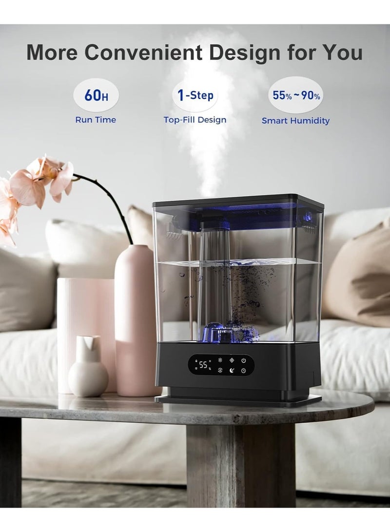 مرطب هواء بارد بفتحة تعبئة علوية  للغرف الكبيرة والمنزل والمكتب مع تحكم مخصص في الرطوبة للنوم والنباتات، سهل التنظيف، أسود (60 ساعة عمل)