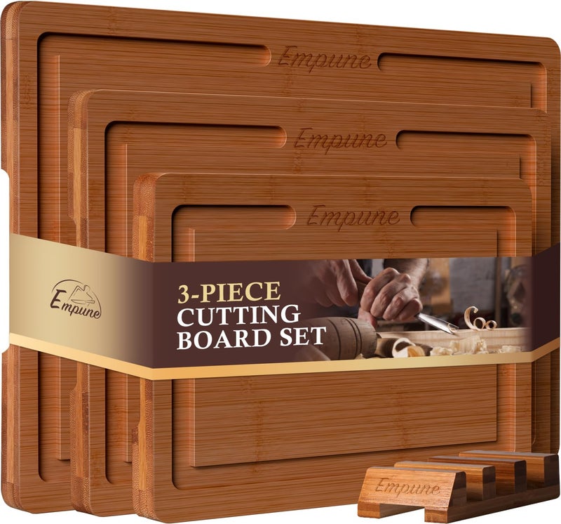 Empune Bamboo Cutting Board Set, Wood Cutting Boards for Kitchen with Holder Wooden Chopping Board for Meal Prep & Serving, Brown - Image 1