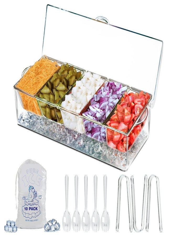 LIMOEASY Chilled Condiment Server, Clear Garnish Tray with Lid for Bar for Parties with 5 Removable Compartments, Ice Serving Bowl, Serving Containers for Fruit, Caddy, Snack, Sauce - Image 1