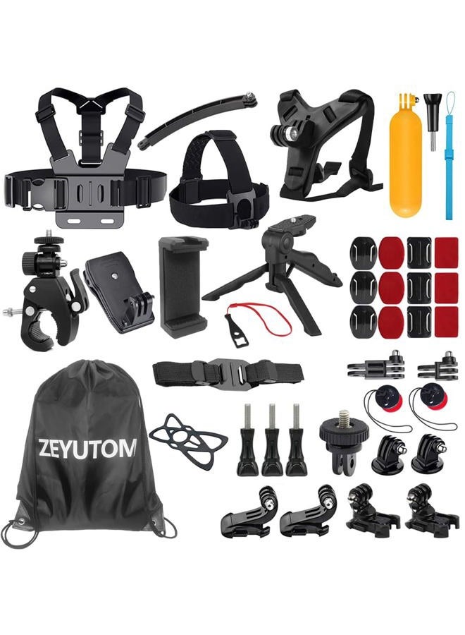 ZEYUTOM 40-in-1 Action Camera Kit for Gopro Hero 12 11 10 9 for Go Pro Hero12 Hero11 Hero10 Hero9 with Shoulder Storage Bag, Motorcycle Chest Strap Helmet Chin Strap Mount for GoPro, Clip Mount for Smartphone - Image 1