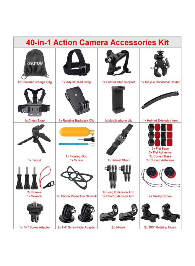ZEYUTOM 40-in-1 Action Camera Kit for Gopro Hero 12 11 10 9 for Go Pro Hero12 Hero11 Hero10 Hero9 with Shoulder Storage Bag, Motorcycle Chest Strap Helmet Chin Strap Mount for GoPro, Clip Mount for Smartphone - Image 2