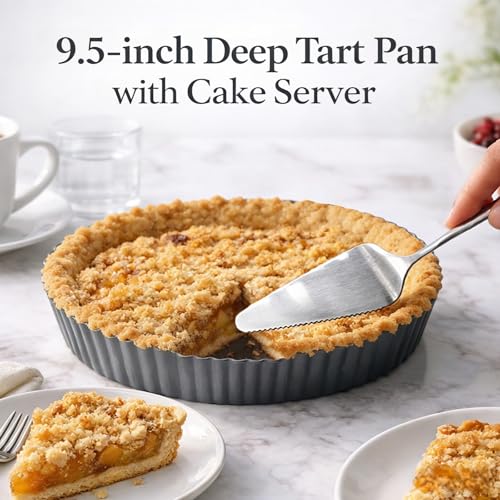 Yamteck 9522 Inch Deep Tart Pan w Pie Cake Server Removable Bottom NonStick Coating Rugged Carbon Steel for Tart Quiche Baking Gift for Women Wife Christmas Thanksgiving Party Festival Family - Image 3