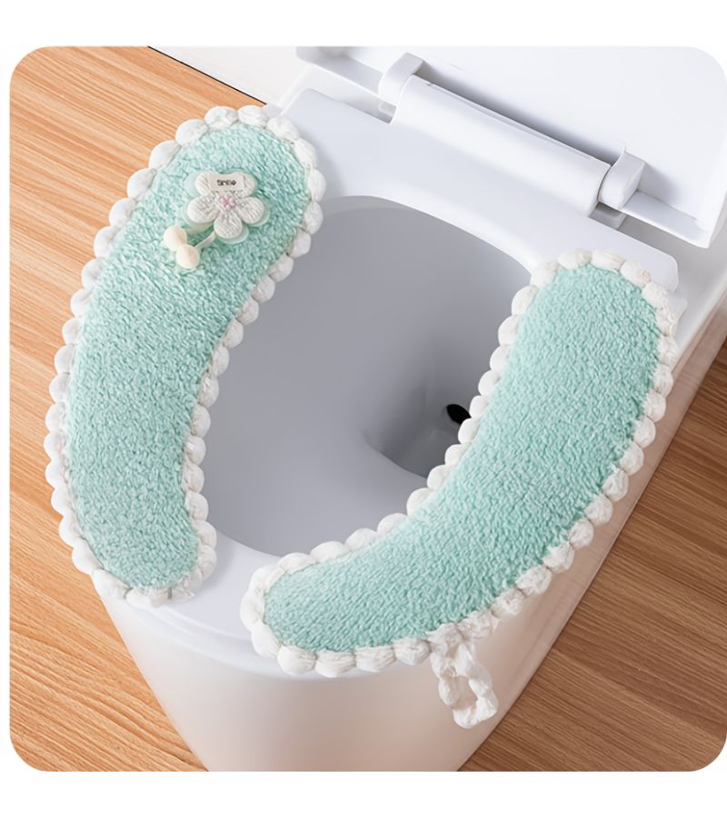 Floral Coral Fleece Toilet Seat Cushions 2 Pack Pink Ball White Trim - Image 4