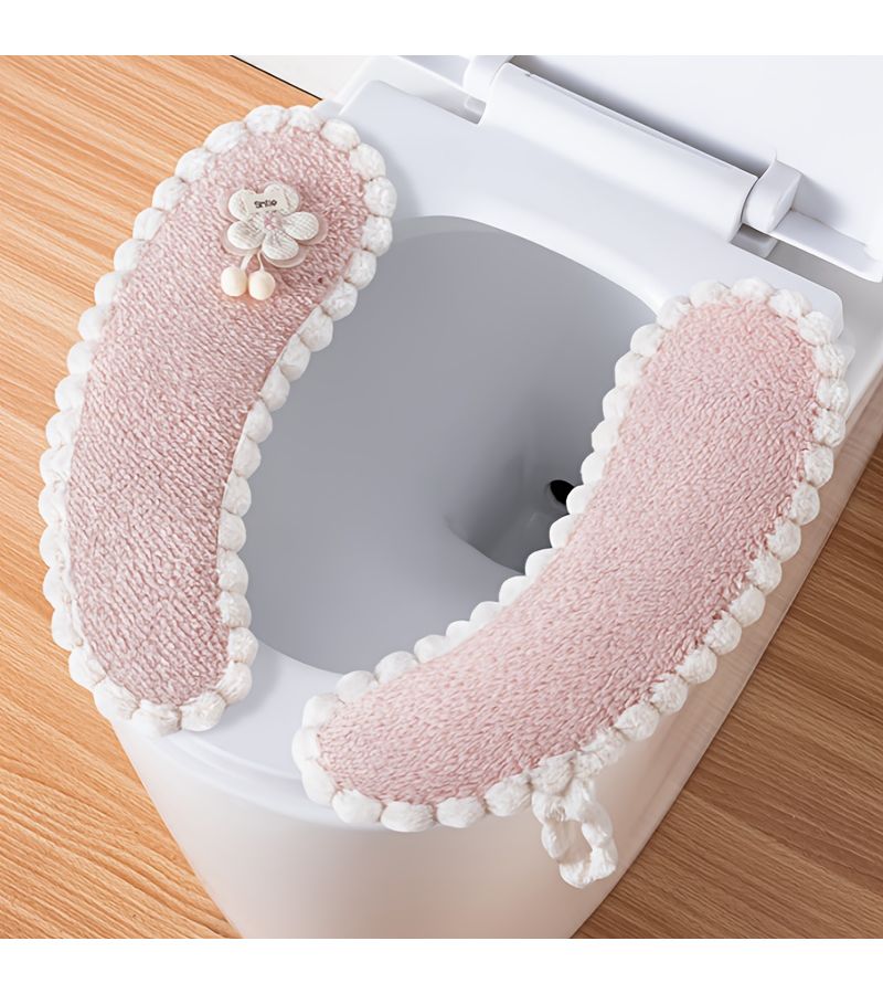 Floral Coral Fleece Toilet Seat Cushions 2 Pack Pink Ball White Trim - Image 1