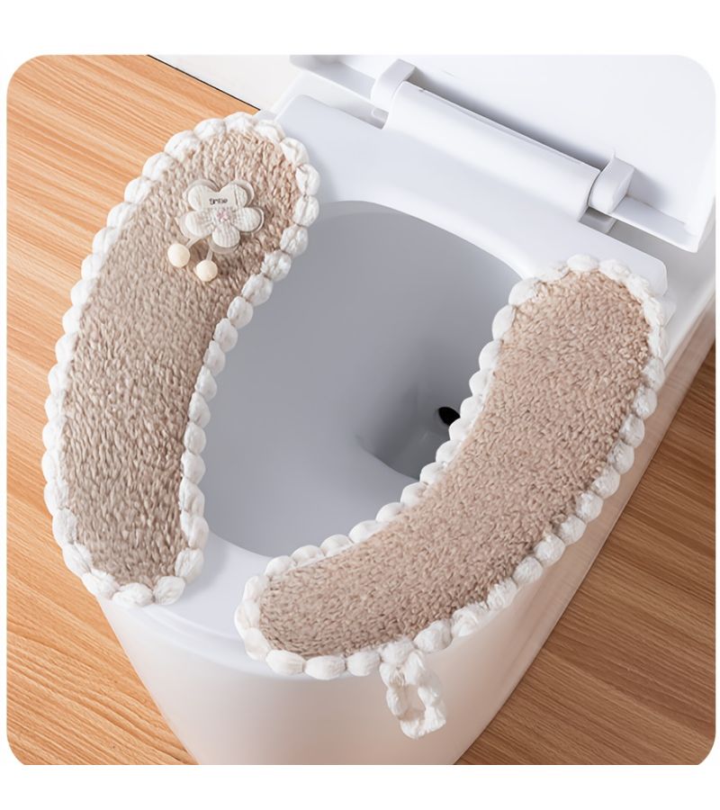 Floral Coral Fleece Toilet Seat Cushions 2 Pack Pink Ball White Trim - Image 2