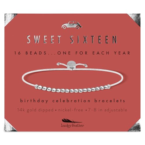 Lucky Feather Sweet 16 Gifts for Girls; 16th Birthday Bracelet Gift Idea for 16 Year Old Girls with Silver Dipped Beads on Adjustable Cord - Image 1