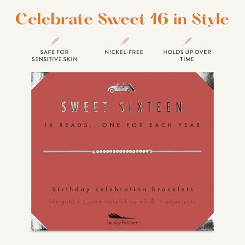 Lucky Feather Sweet 16 Gifts for Girls; 16th Birthday Bracelet Gift Idea for 16 Year Old Girls with Silver Dipped Beads on Adjustable Cord - Image 4