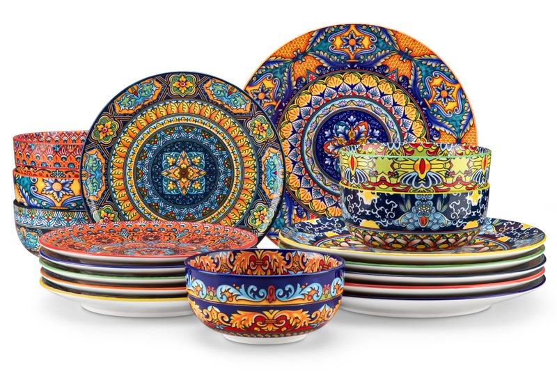 vancasso 18-Piece Dinnerware Sets,Ceramic Plates and Bowls Sets Service for 6, Bohemian Style Porcelain Dishes Set for 6, Microwave and Dishwasher Safe, Scratch Resistant,Non Toxic, Series KRVI - Image 1
