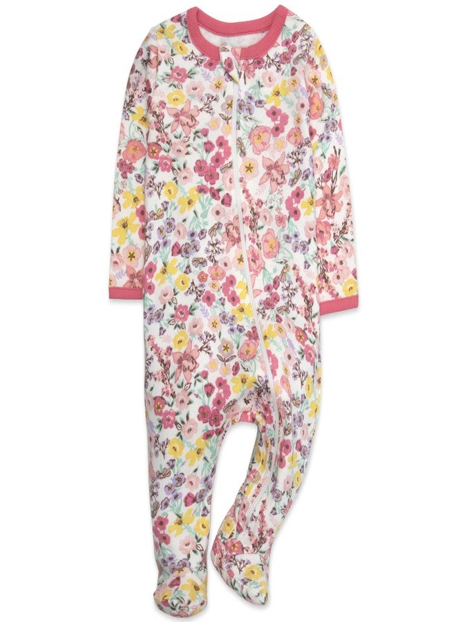 Baby Essentials Baby Girls Footie Sleepwear Pajama Set, Print and Solid Color 4-Piece – Long Sleeve Zip Front Sleep & Play (3 months) - Image 3