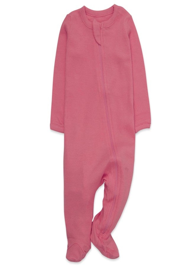 Baby Essentials Baby Girls Footie Sleepwear Pajama Set, Print and Solid Color 4-Piece – Long Sleeve Zip Front Sleep & Play (3 months) - Image 5