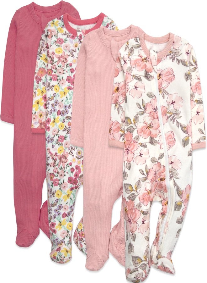 Baby Essentials Baby Girls Footie Sleepwear Pajama Set, Print and Solid Color 4-Piece – Long Sleeve Zip Front Sleep & Play (3 months) - Image 1