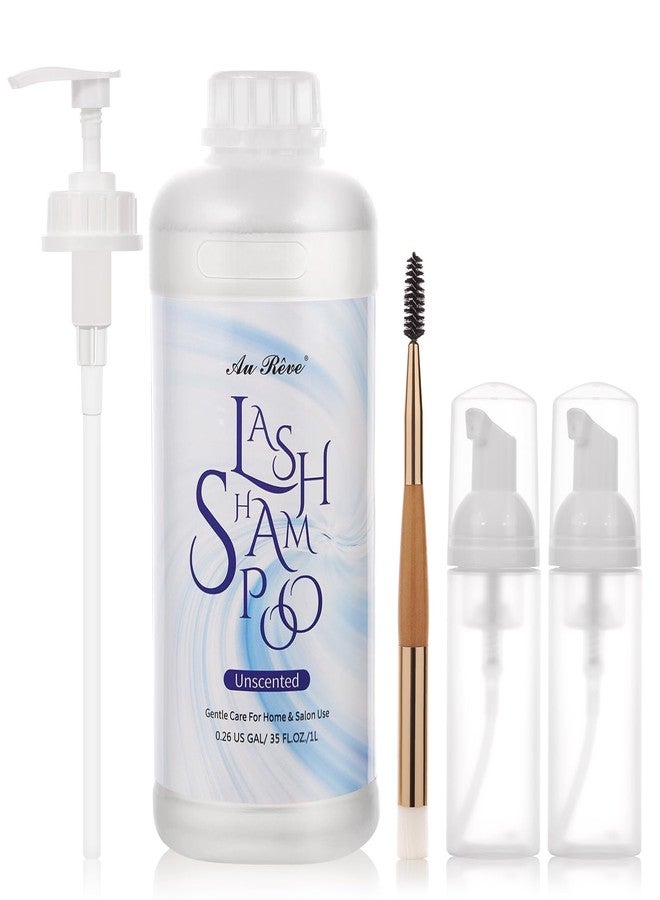 AuReve Lash Shampoo for Lash Extensions 1L/35fl.oz Eyelash Extension Cleanser Lash Cleaning Kit, Gentle Foaming Eyelash Shampoo with Brush and Wash Bottle for Salon Home Care Unscented - Image 1