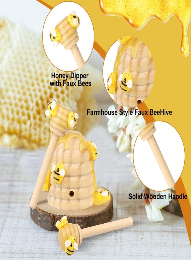 WixiTool Honey Bee Spring Tiered Tray Decor, Bumblebee Party Decorations, Summer Farmhouse Beehive Decoration Set, 2 Mini Faux Bee Honey Sticks Dippers & 1 Fake Wooden Honeycomb Centerpiece - Image 4