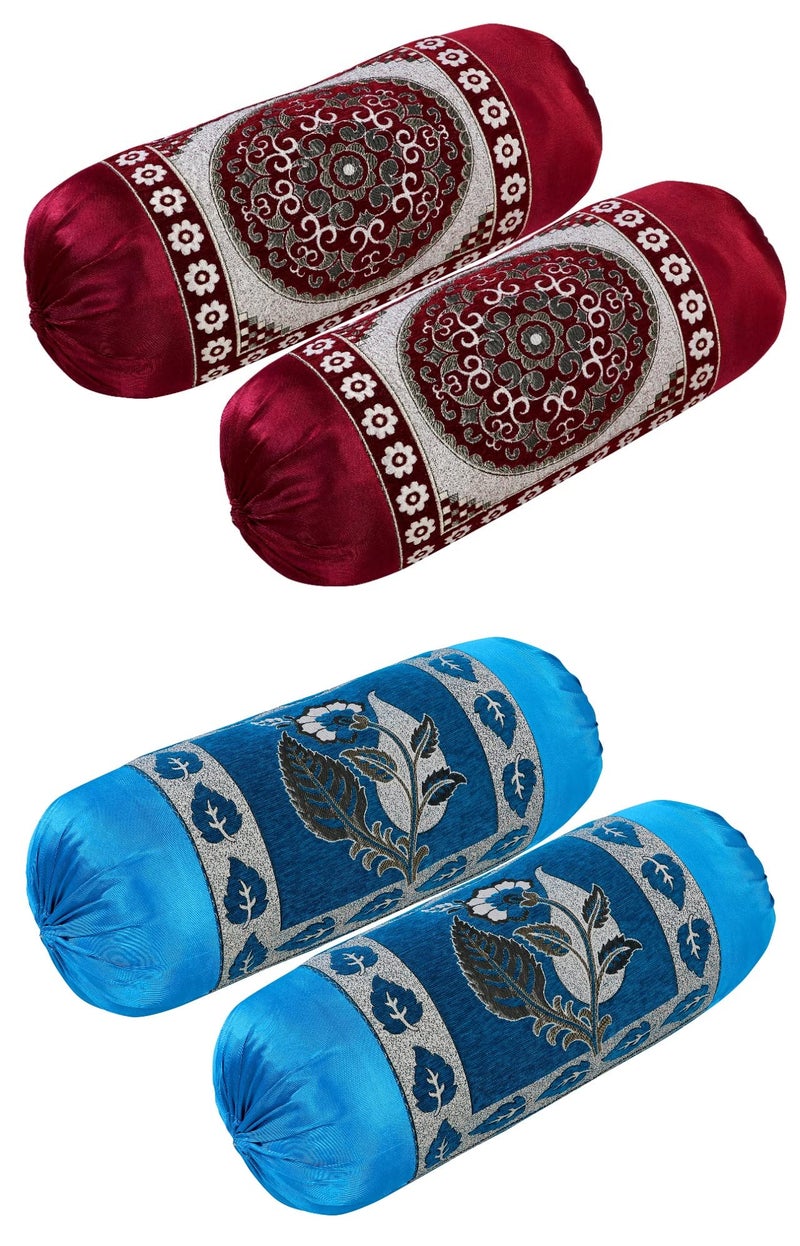 HSR Collection Premium Chennile Luxury Bolster Cover, Maroon & Blue - 4 Pieces - Image 1