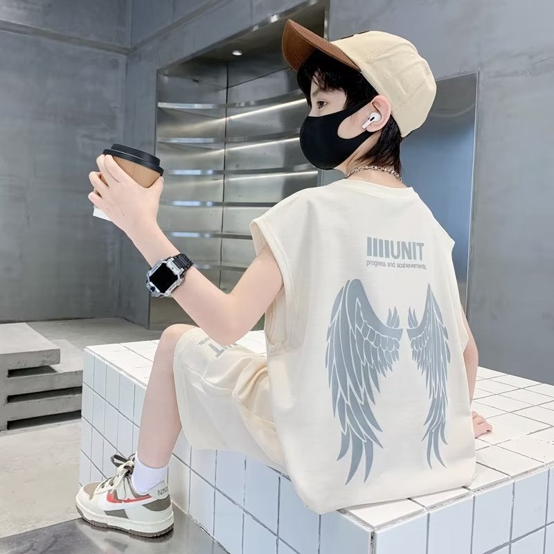 Boys Summer Outfit 2024 Sleeveless Vest Cool Streetwear Apricot