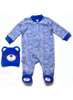 Baby All Over Printed Bear Footed Jumpsuit with beanie set