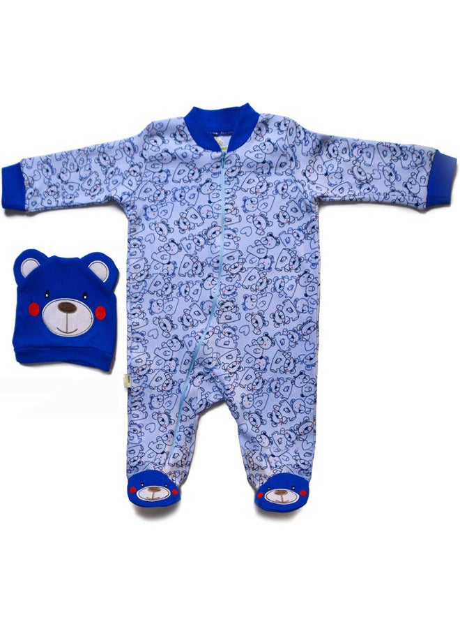 BabyShoora - Baby All Over Printed Bear Footed Jumpsuit with beanie set - Image 1