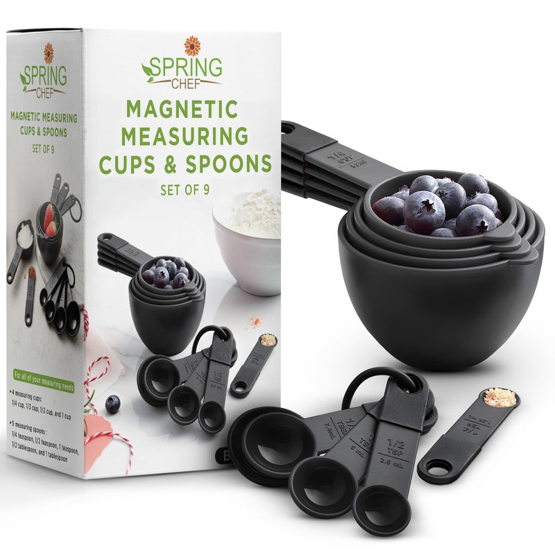 Spring Chef Magnetic Measuring Cups and Spoons Set of 9, Nesting Kitchen Tool with Easy to Read Markings for Measuring Dry or Liquid Ingredient, BPA Free, Black - Image 1
