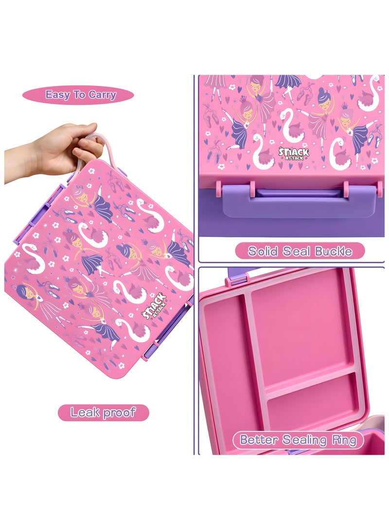 Snack attack nack Attack Ballerina Bento Lunch Box for Girls – Leakproof 3-Compartment Lunchbox with Ice Pack – BPA-Free, Food-Grade, Cute Princess Dance Design – Ideal for School, Daycare & Picnics – Pink - Image 2