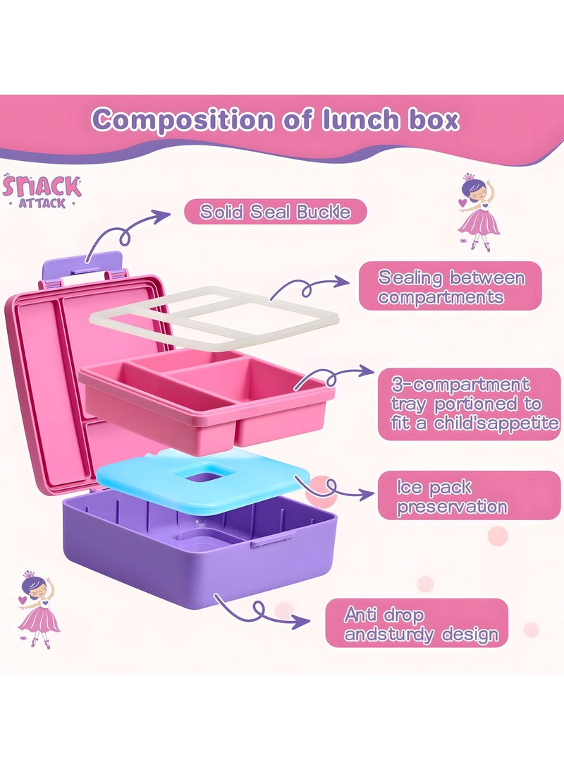 Snack attack nack Attack Ballerina Bento Lunch Box for Girls – Leakproof 3-Compartment Lunchbox with Ice Pack – BPA-Free, Food-Grade, Cute Princess Dance Design – Ideal for School, Daycare & Picnics – Pink - Image 3