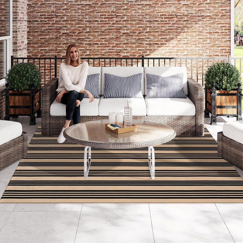 Sungea Black and Khaki Striped Rug 5'x7', Washable Outdoor Rugs Cotton Hand Woven Front Porch Rugs, Reversible Patio Rug Foldable Large Throw Rugs for Living Room Home Entrance - Image 2