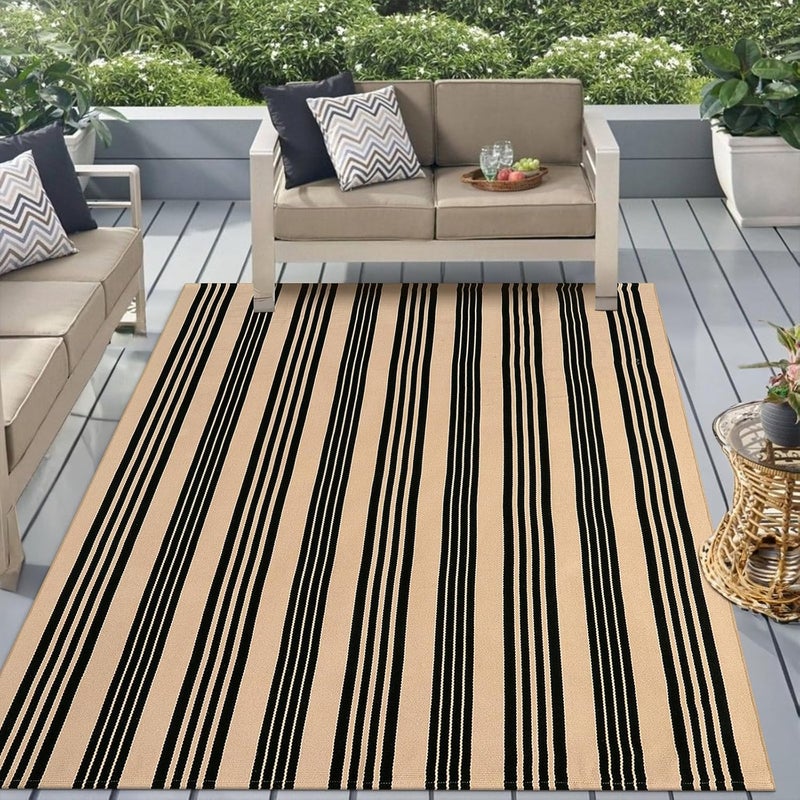 Sungea Black and Khaki Striped Rug 5'x7', Washable Outdoor Rugs Cotton Hand Woven Front Porch Rugs, Reversible Patio Rug Foldable Large Throw Rugs for Living Room Home Entrance - Image 1