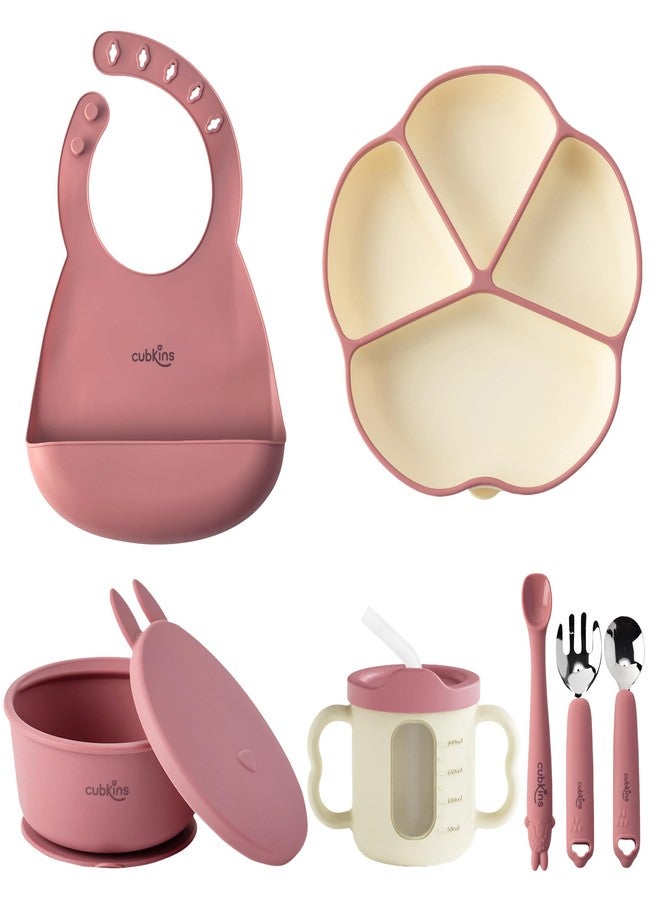 Cubkins Silicone Essential Feeding Set for Babies, Toddlers | BPA-Free & Microwave Safe | Plate & Bowl w Suction, Sippy Cup with Straw & Lid, Spoon, Fork, Early Feeding Spoon & Bib (Raspberry) - Image 1