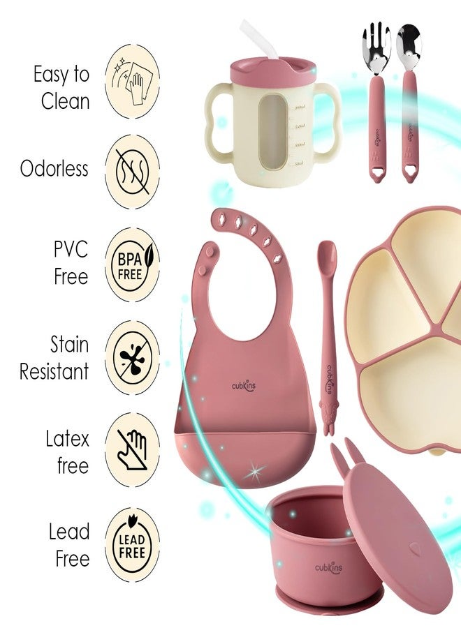 Cubkins Silicone Essential Feeding Set for Babies, Toddlers | BPA-Free & Microwave Safe | Plate & Bowl w Suction, Sippy Cup with Straw & Lid, Spoon, Fork, Early Feeding Spoon & Bib (Raspberry) - Image 5