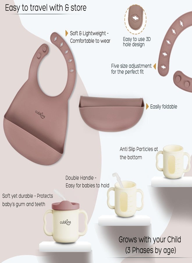 Cubkins Silicone Essential Feeding Set for Babies, Toddlers | BPA-Free & Microwave Safe | Plate & Bowl w Suction, Sippy Cup with Straw & Lid, Spoon, Fork, Early Feeding Spoon & Bib (Raspberry) - Image 4