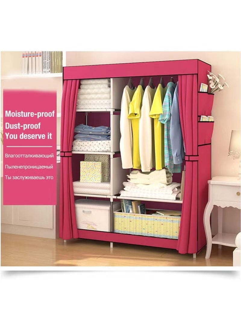 Simple Modern Folding Wardrobe – Fabric u0026 Steel Storage Cabinet, Double Storage Design, Easy Assembly (Red, 170x105x45cm) - Image 2
