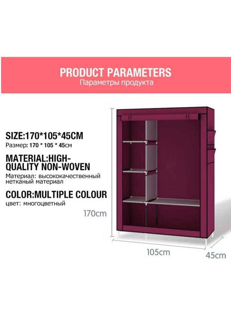 Simple Modern Folding Wardrobe – Fabric u0026 Steel Storage Cabinet, Double Storage Design, Easy Assembly (Red, 170x105x45cm) - Image 3
