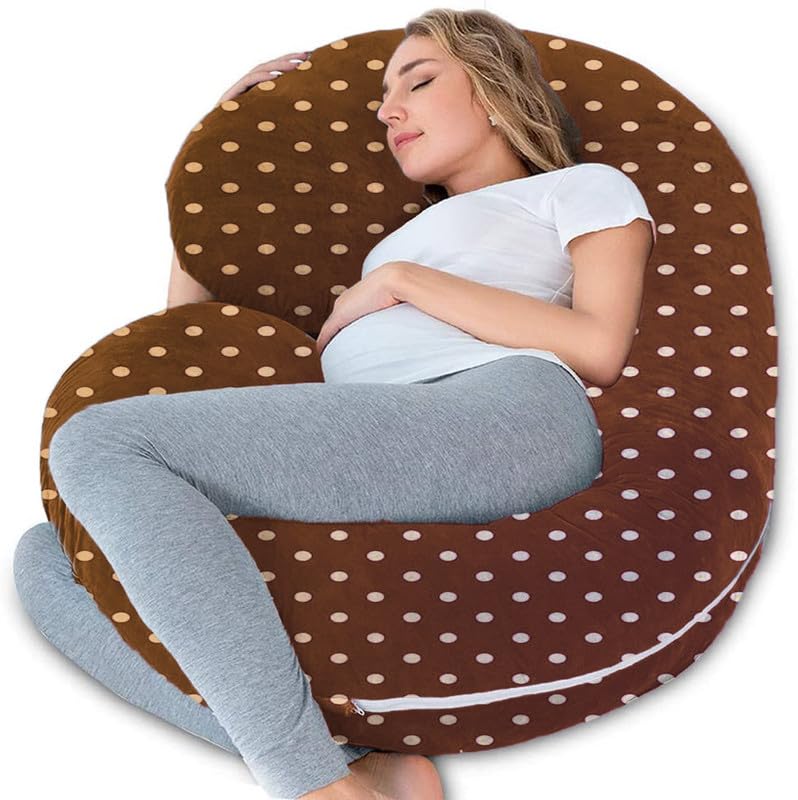 DADDY COOL Comfortable C-Shaped Dot Print Velvet Pregnancy Pillow || Maternity Pillow for Pregnant Women Pain Relief Back, Hip and Stomach || Pillow with Zippered Pillow Cover (Brown) - Image 1