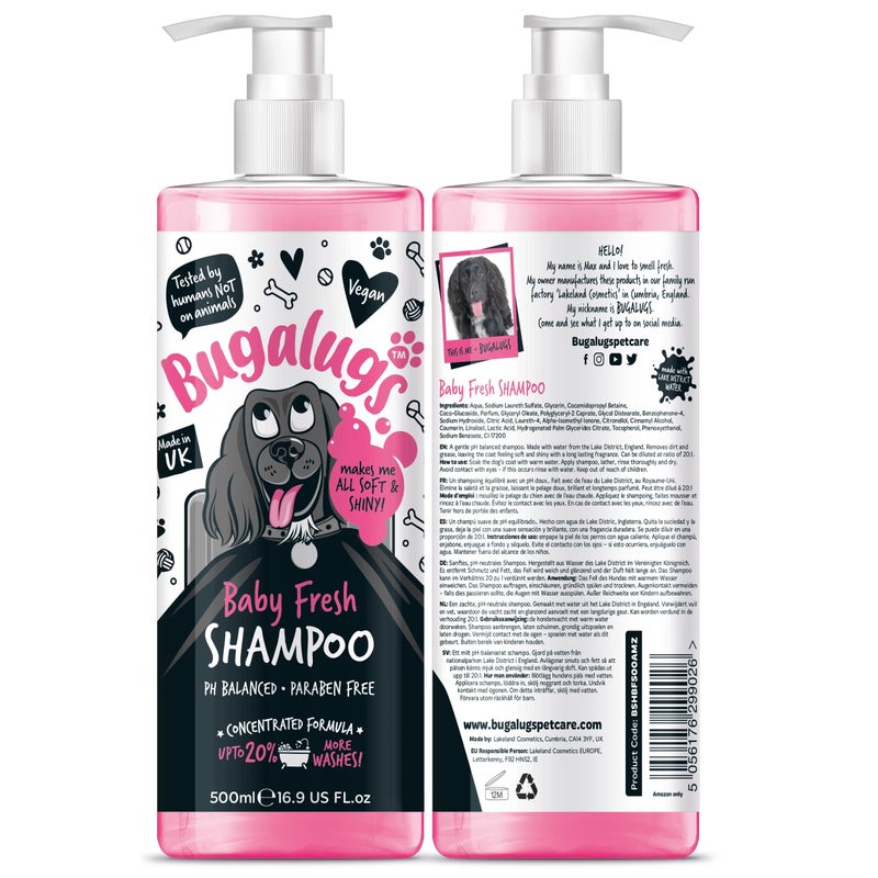 BUGALUGS Baby Fresh Dog Shampoo 16.85 FL Oz - Grooming Product for Smelly Dogs with Baby Powder Scent - Best Puppy Shampoo, Conditioner, Vegan and Professional Pet Shampoo - Image 1