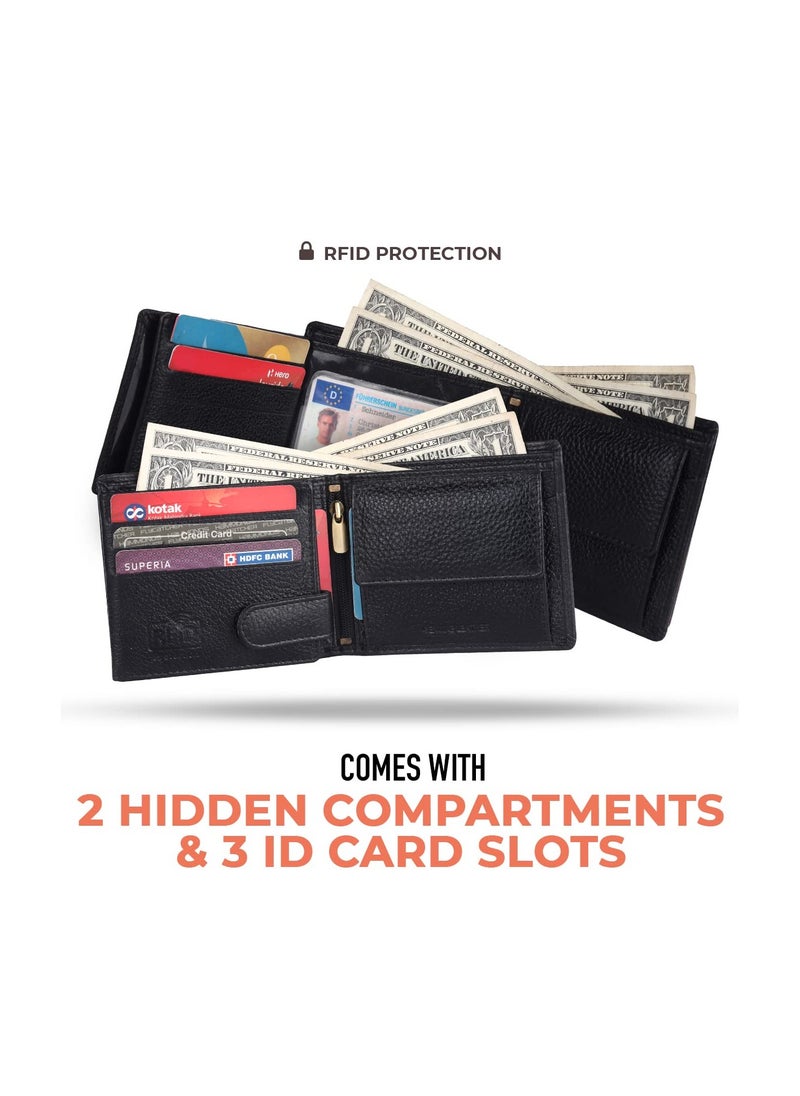 HAMMONDS FLYCATCHER - HAMMONDS FLYCATCHER Genuine Leather Wallet for Men, RFID Protected Leather Purse for Men, Money Purse for Men, Bi-Fold Wallet, 6 Card Slots, 3 ID Slots, Coin Pocket, Hidden Pockets - Black - Image 1