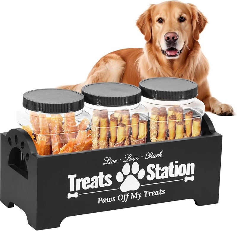 Dandelionsky Dog Treat Container with 3 Dog Treat Jars, Cute Wooden Dog Food Storage Container, Farmhouse Cat Food Container Pet Food Storage Organizer for Dog, Cat, Small Animal (black-3 jar) - Image 1