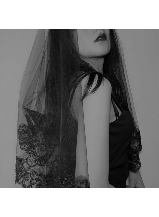 طرحة زفاف دانتيل أسود مع وردة - زي ريترو قوطي لحفلات الكوسبلاي للنساء والفتيات والعروس - Image 3