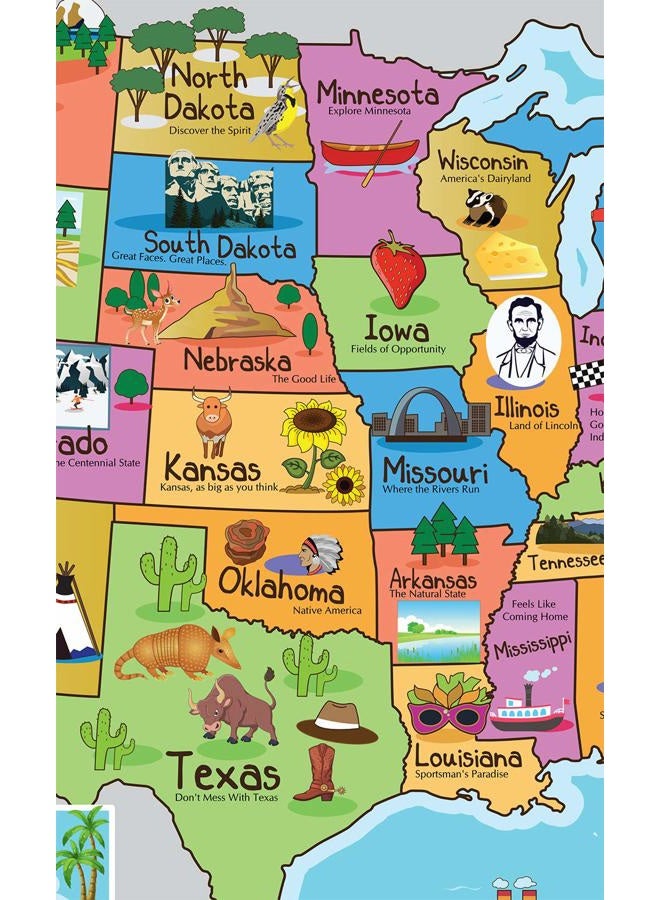 Pro Image Lines Kids United States Map | Wall Poster 13" x 19" US Map Premium Paper | 50 USA States w/Slogans & - Laminated - Image 3
