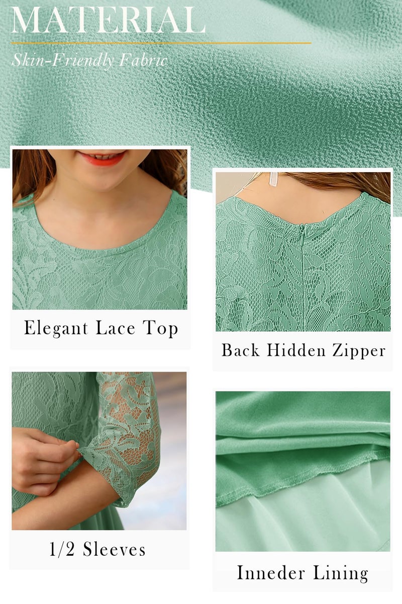 HOSIKA Flower Girls Dress High Waist A-Line Lace Wedding Junior Bridesmaid Maxi Dresses Light Green 6-7 Years - Image 5