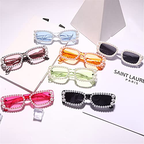 willochra Pearl Rectangular Candy colors Sunglasses Vintage Retro Diamond Narrow Square Rhinestone Party Sun Glasses UV400 (white) - Image 5