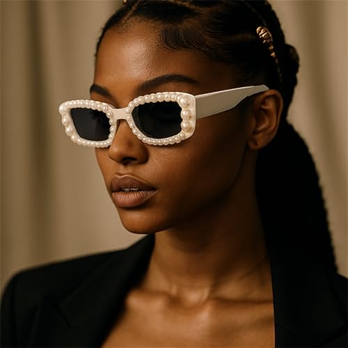 willochra Pearl Rectangular Candy colors Sunglasses Vintage Retro Diamond Narrow Square Rhinestone Party Sun Glasses UV400 (white) - Image 4