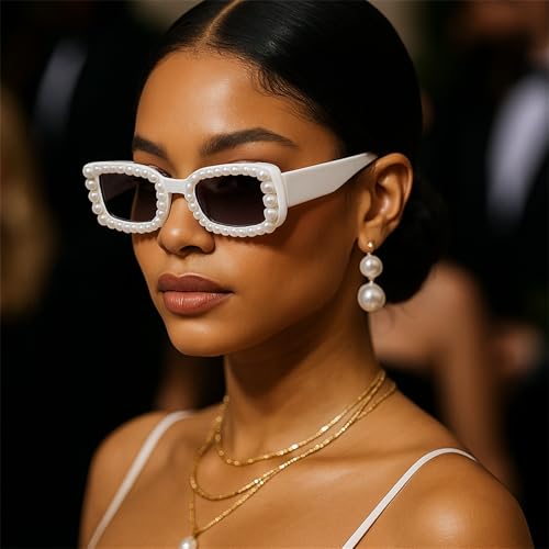 willochra Pearl Rectangular Candy colors Sunglasses Vintage Retro Diamond Narrow Square Rhinestone Party Sun Glasses UV400 (white) - Image 2